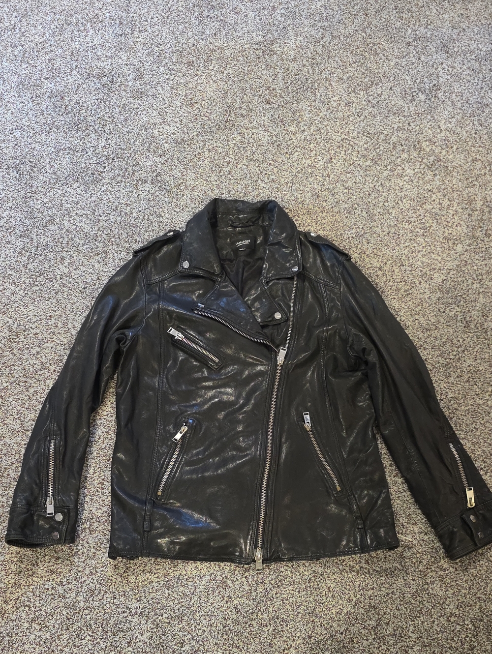 Lamarque Black Leather Moto Jacket with Zip Details. Oversized Fit.
